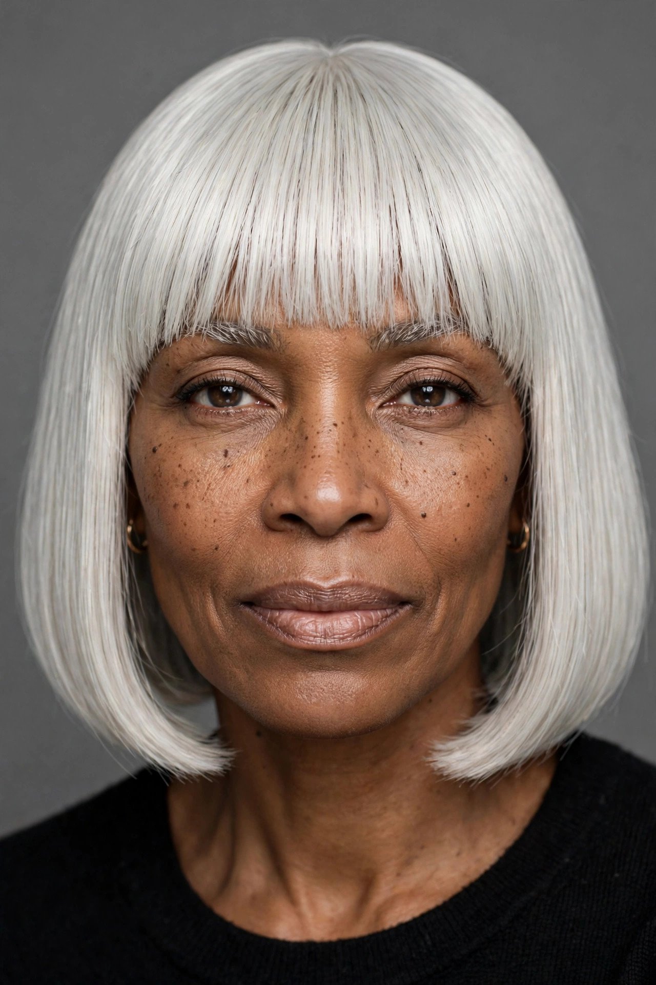 Sleek platinum bob with straight across bangs