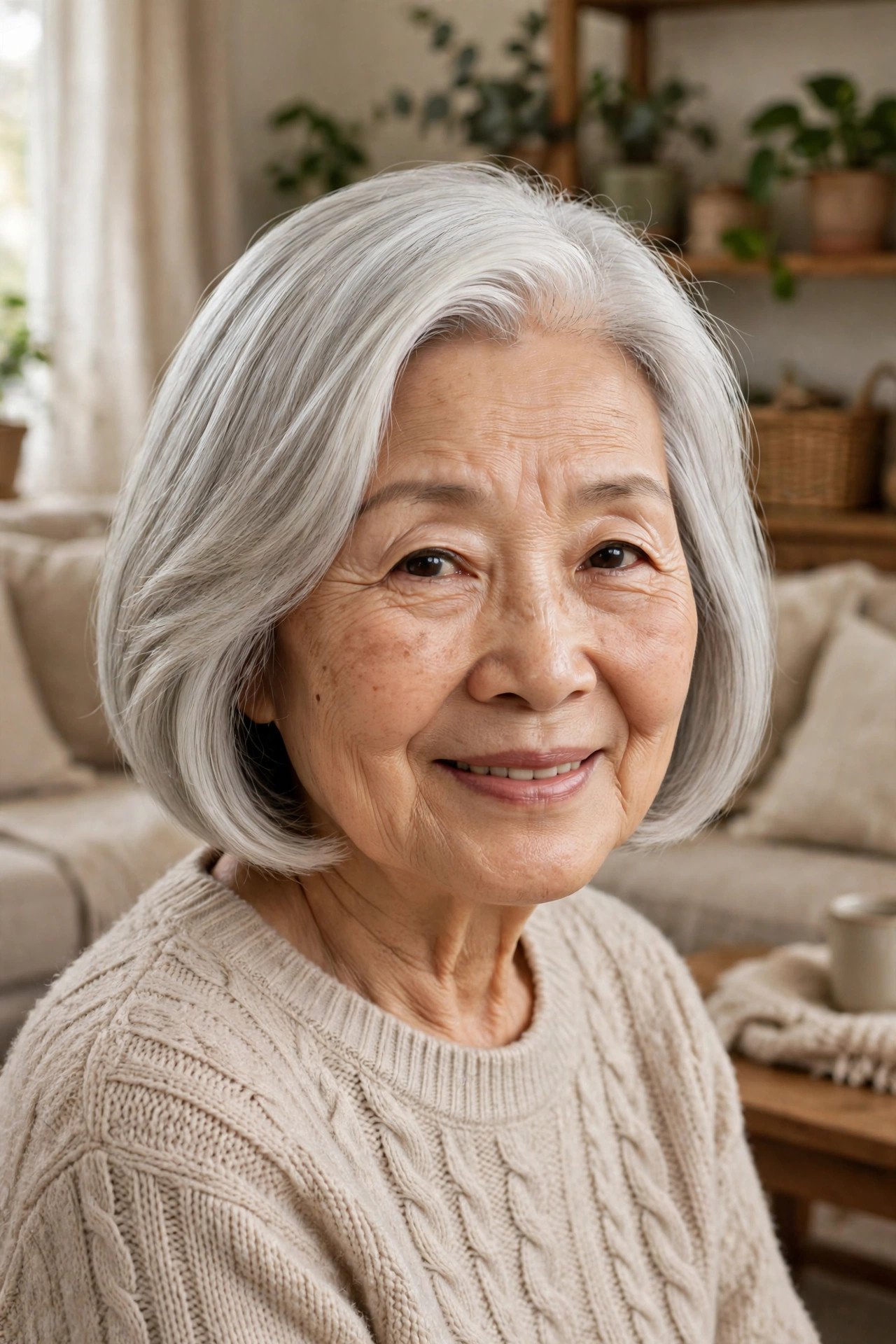 Silver white side part bob on older woman