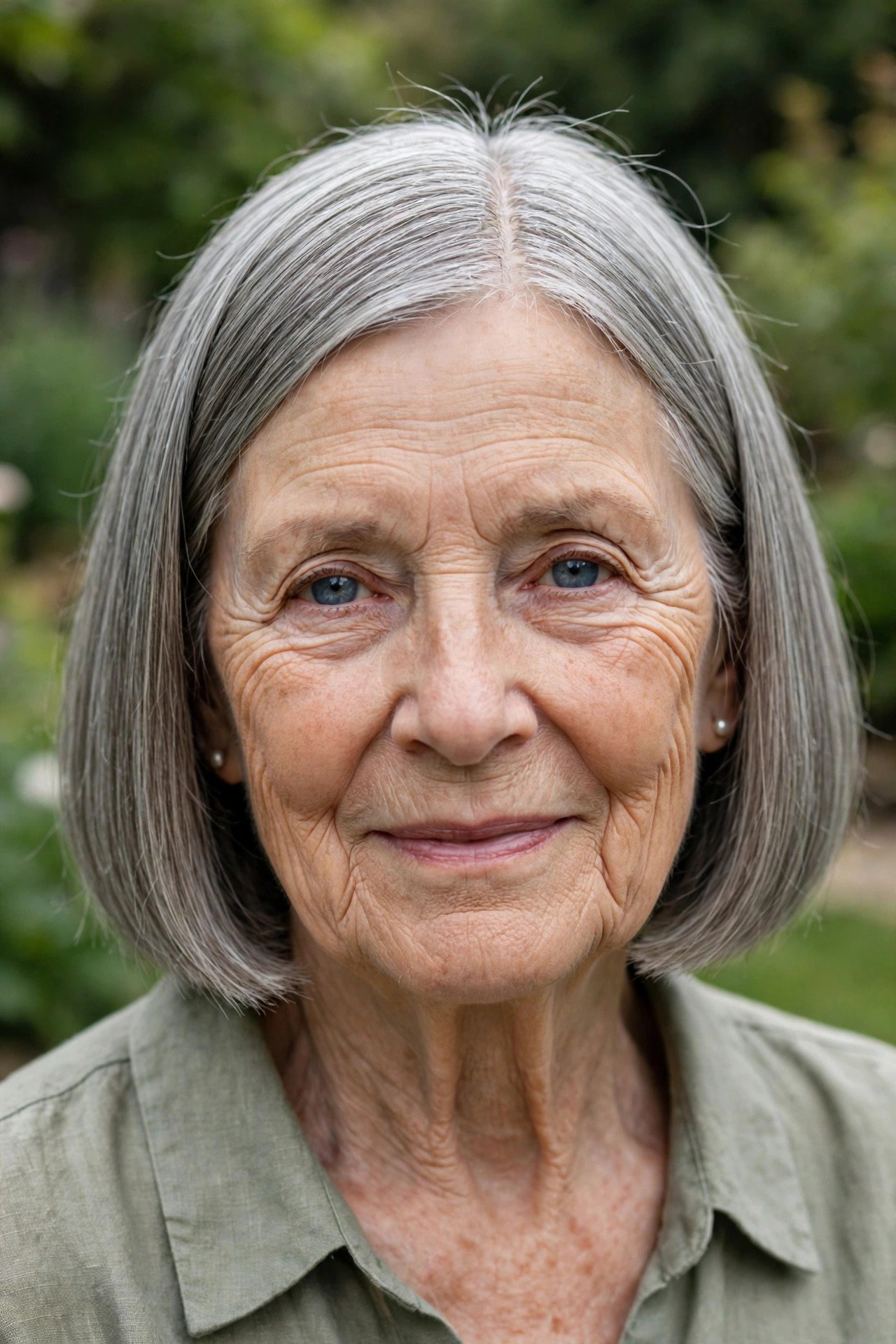 Chin length blunt bob with center part in natural grey