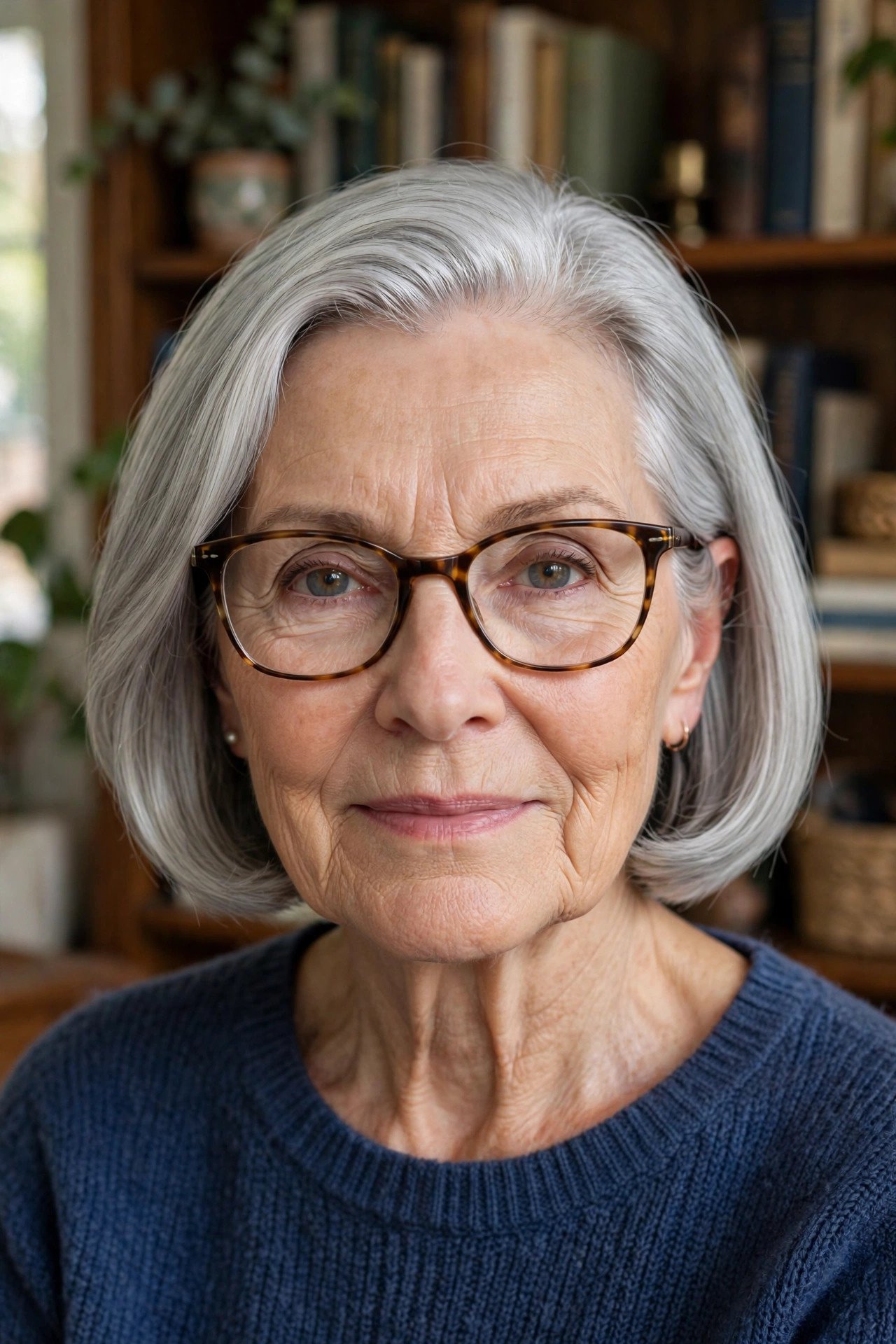 Polished chin bob with tucked sides in silver grey