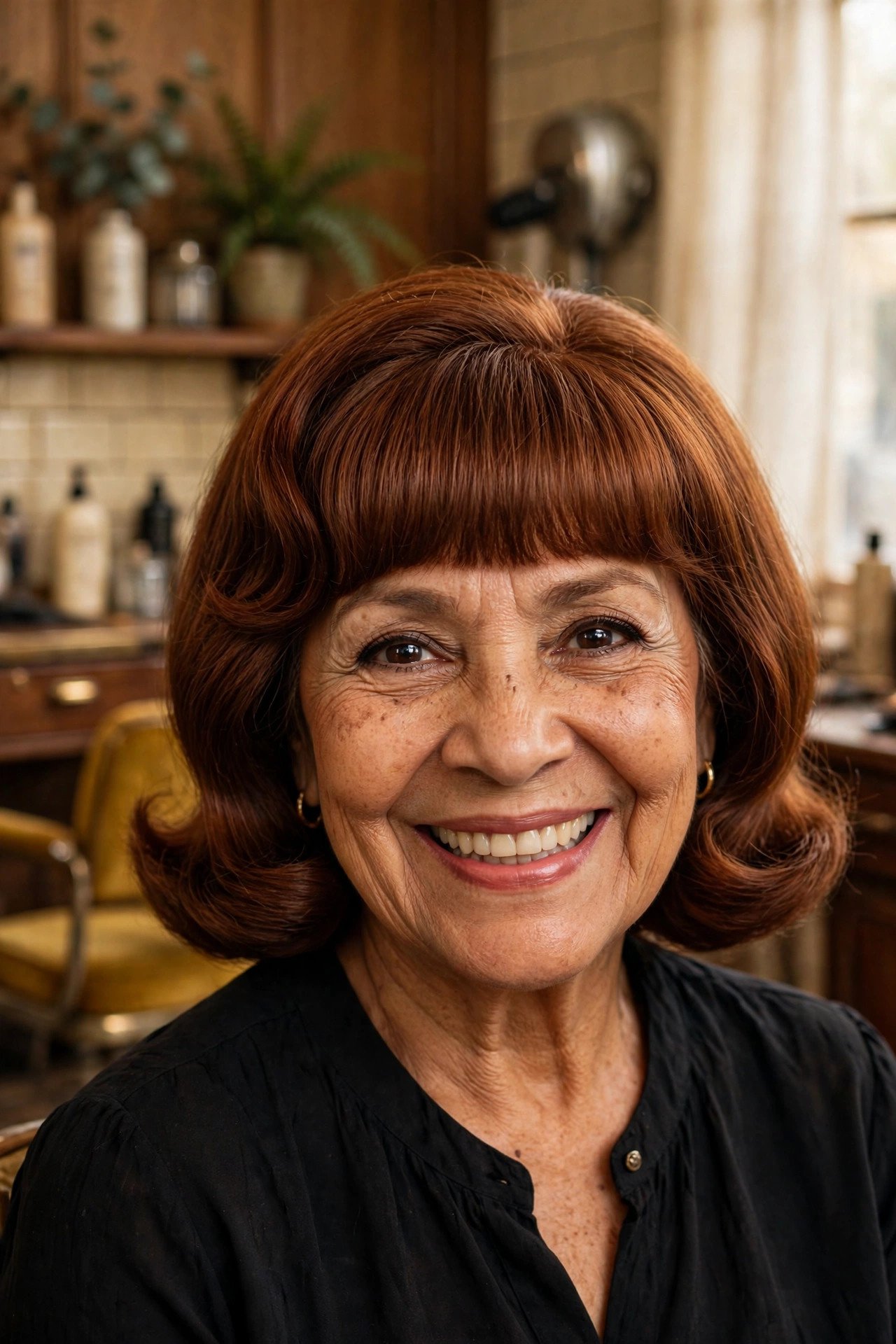 Vintage pageboy bob with full fringe in auburn