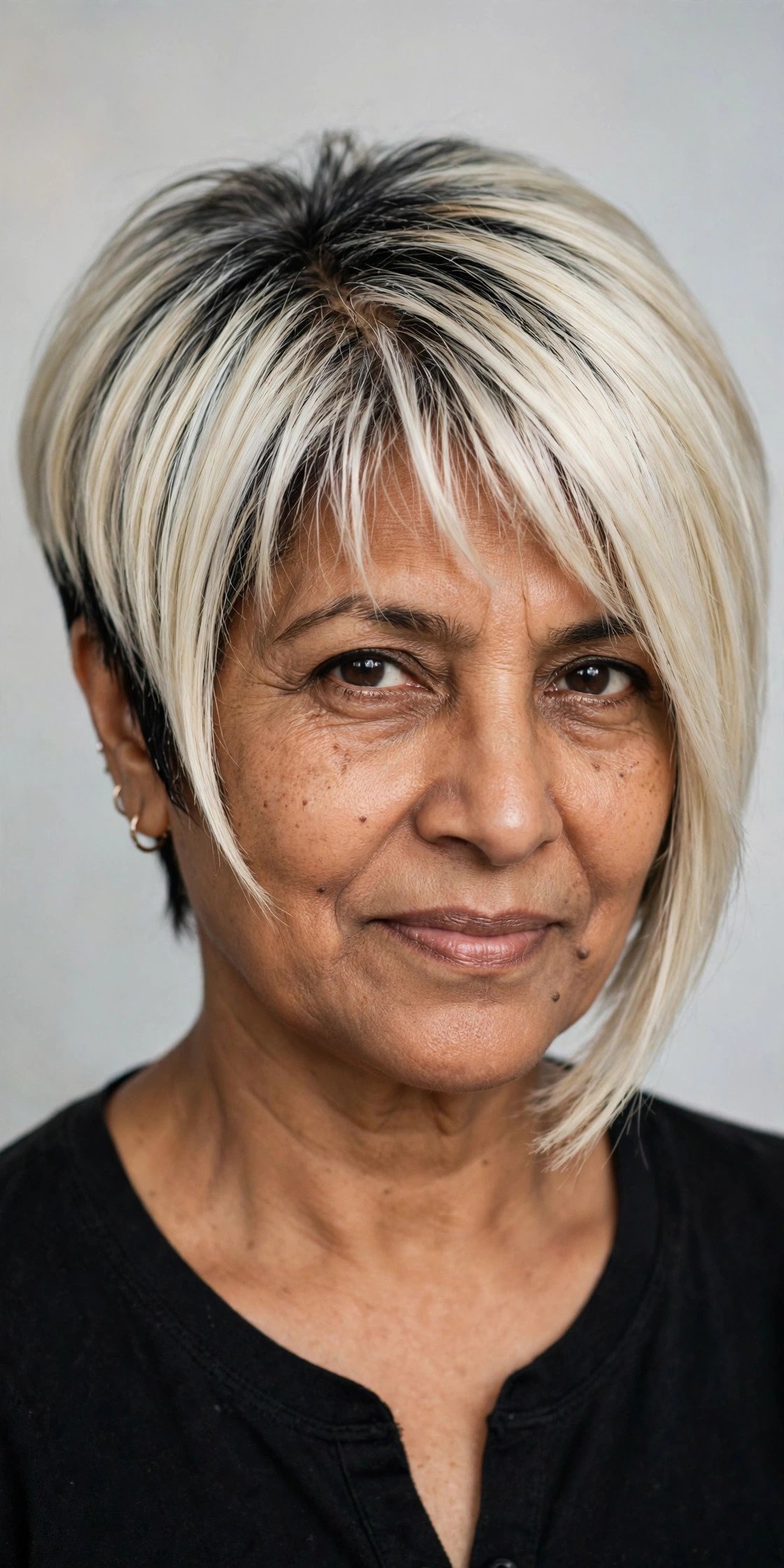 Angled inverted blonde bob with wispy bangs