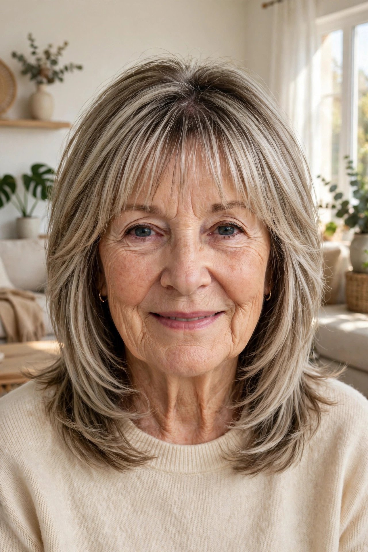 Long layered cut with wispy bangs in ash blonde
