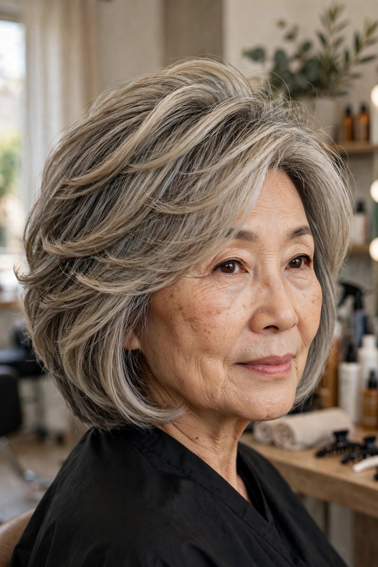 Feathered layered bob in ash blonde grey blend