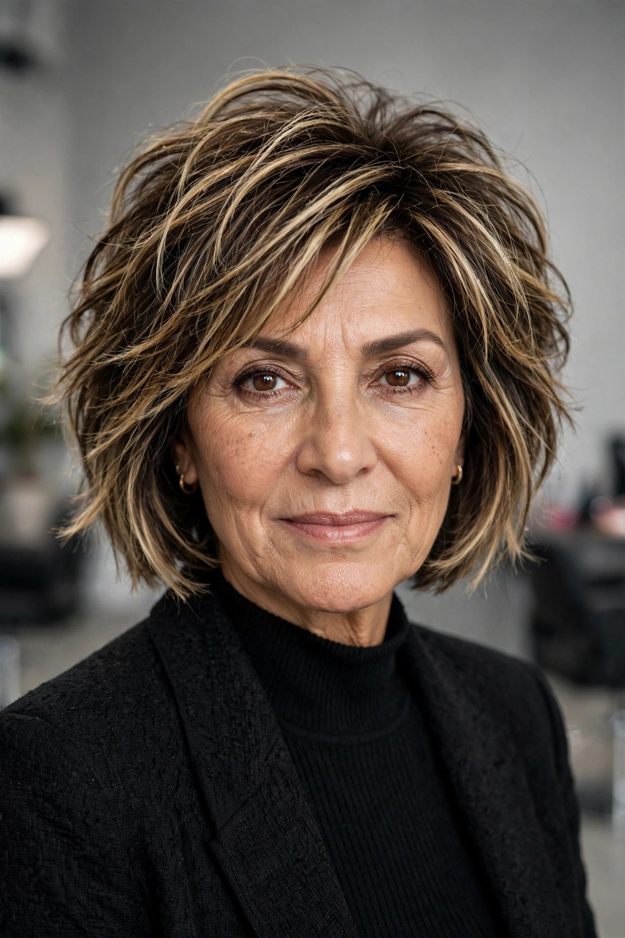 Choppy layered bob with blonde highlights and texture