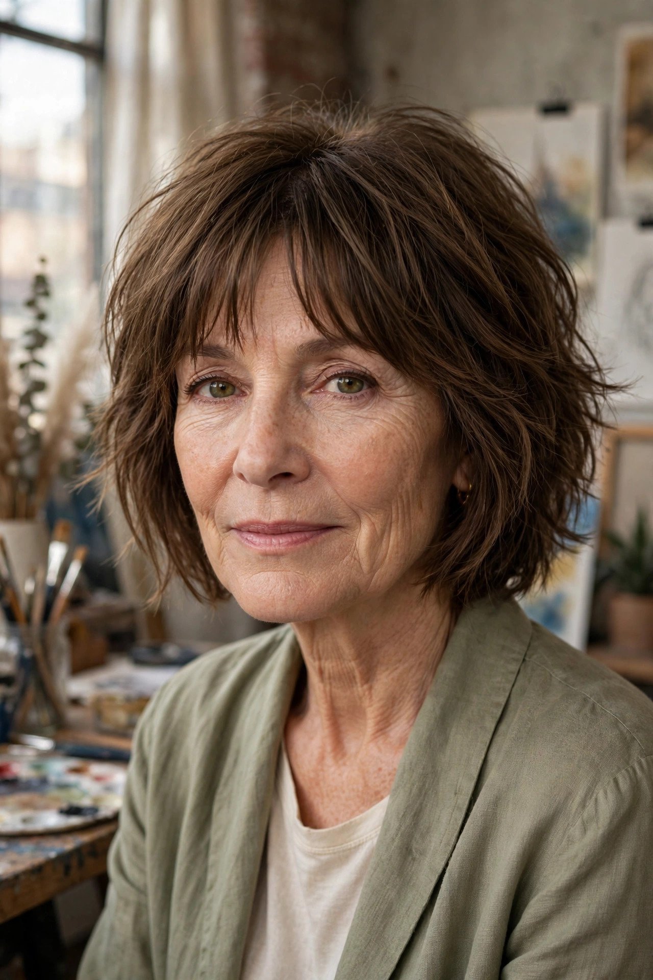 Shaggy bob with curtain bangs in medium brown