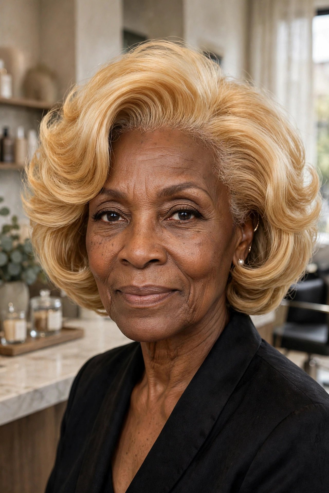Voluminous blowout bob in golden blonde