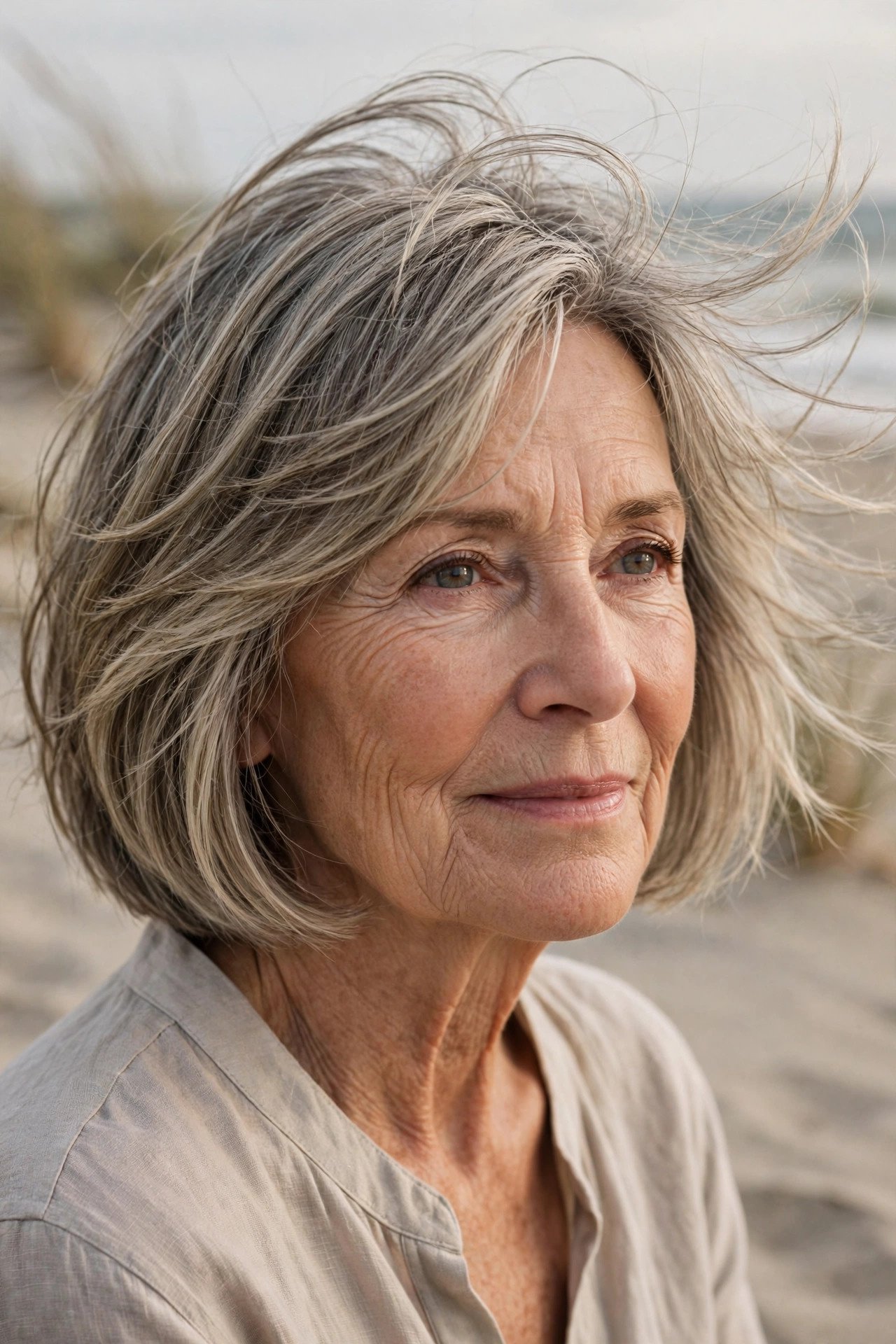 Windswept layered bob with natural movement in grey blonde
