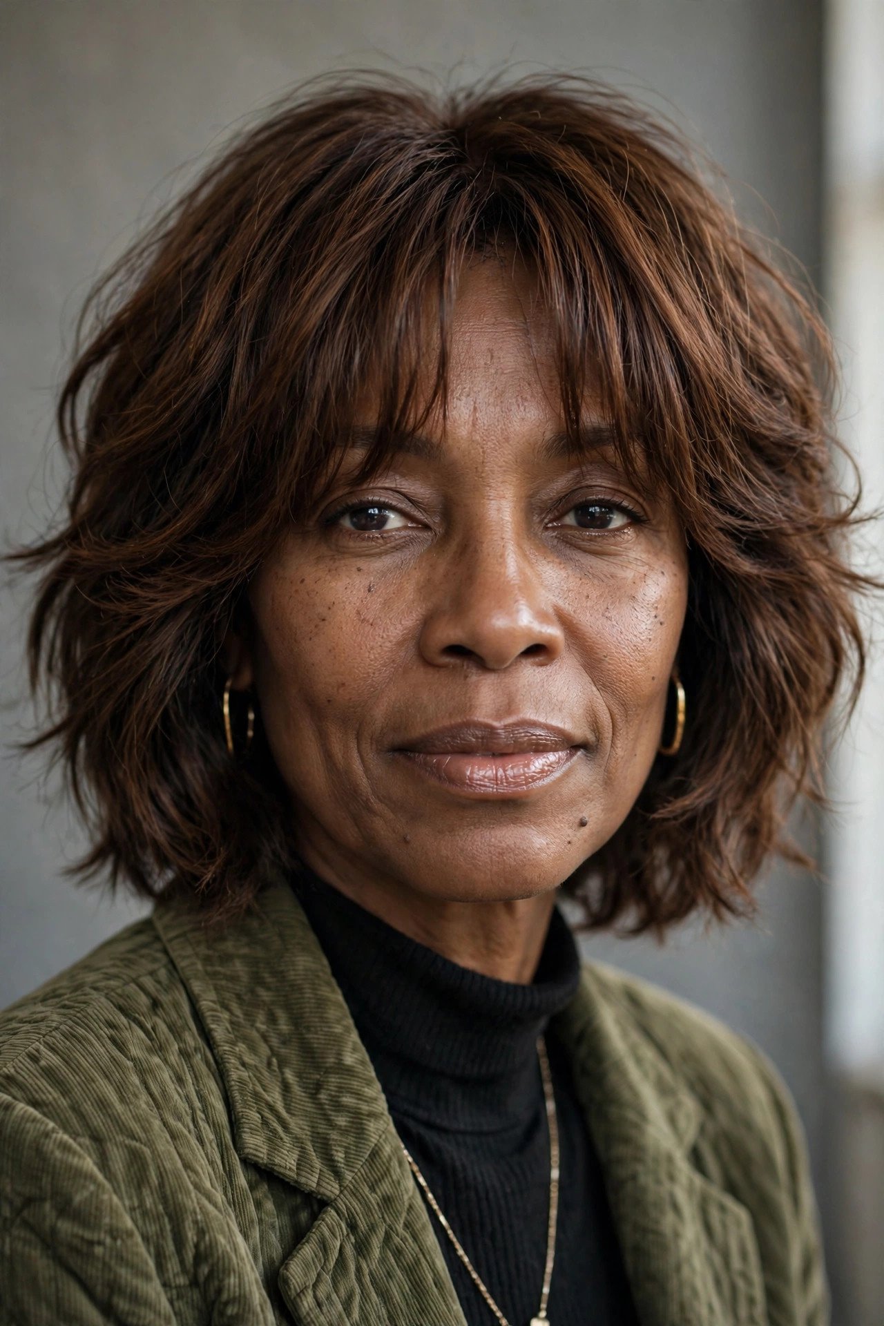 Soft shag bob with curtain fringe in warm brunette