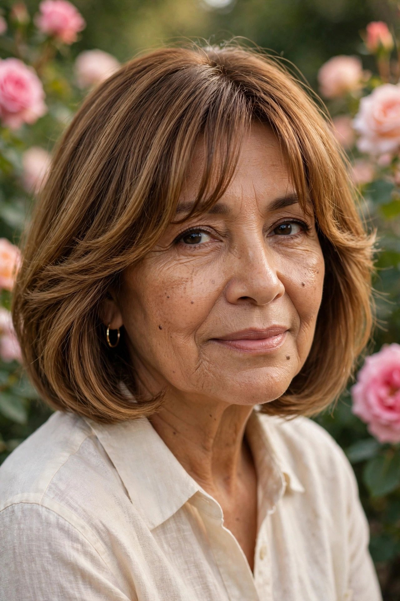 Bob with curtain bangs in honey brown