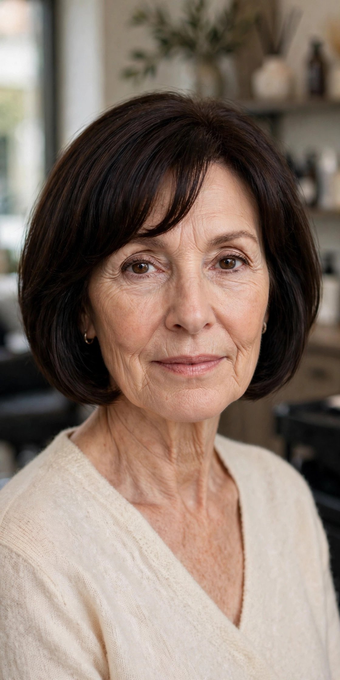 Bob with arched bangs in deep brunette