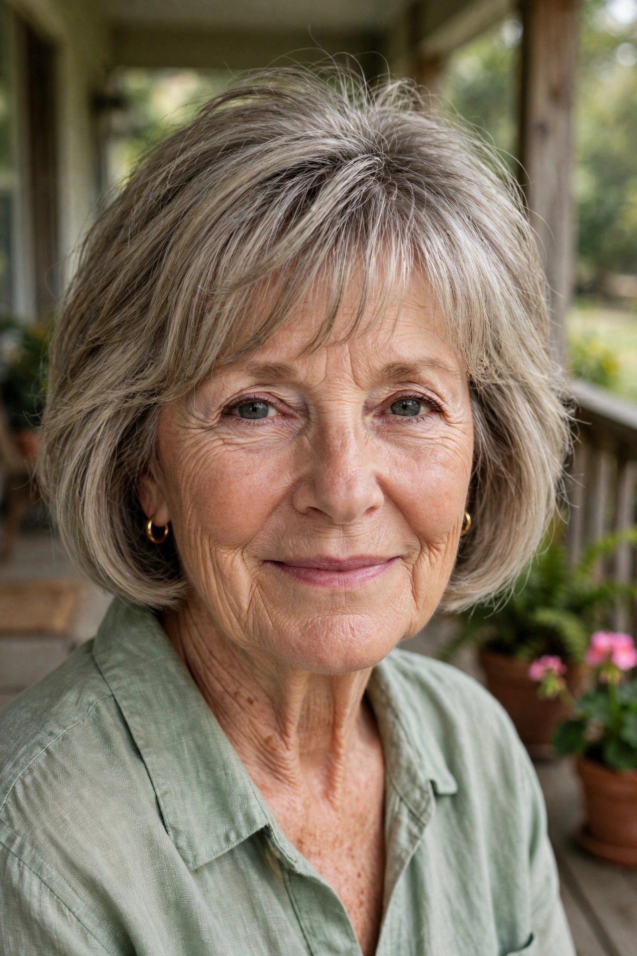 Bob with feathered bangs in grey blonde
