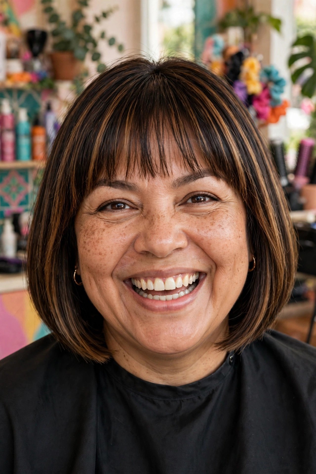 Bob with blunt bangs and caramel highlights in dark brown