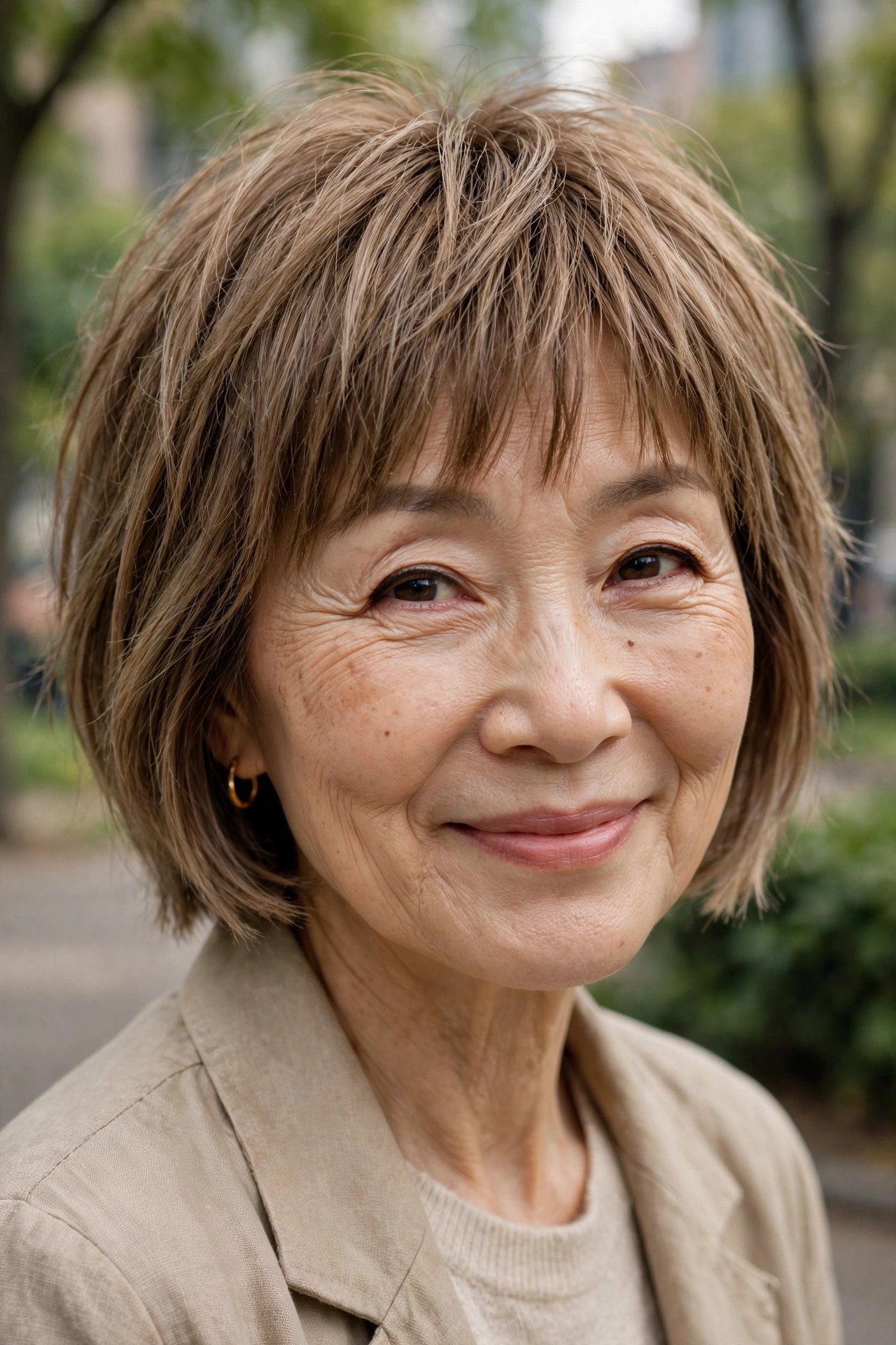 Bob with textured fringe and choppy bangs in light brown