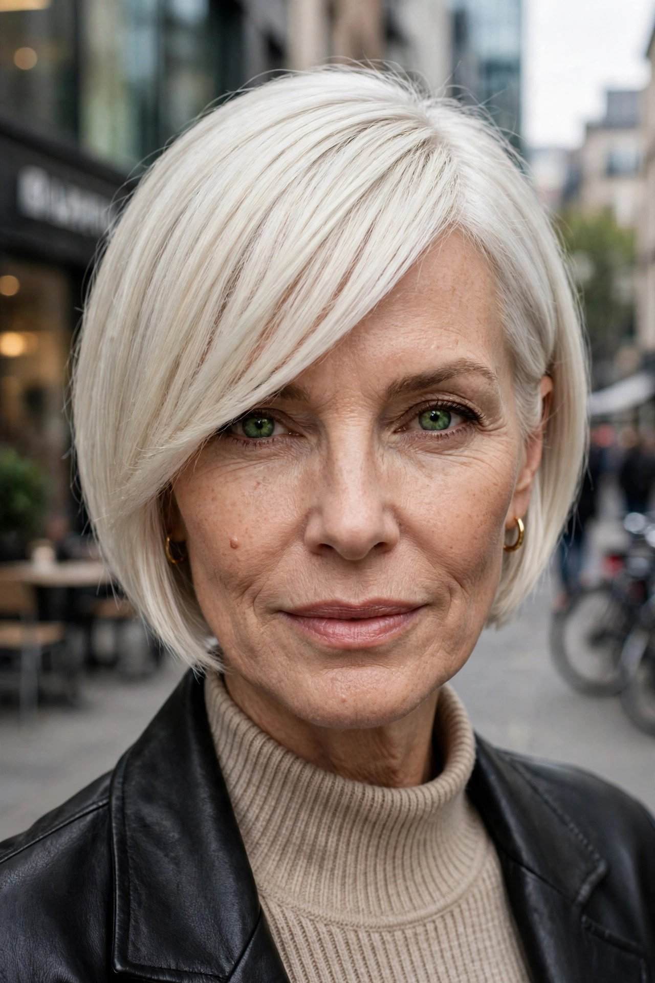Bob with asymmetric diagonal bangs in platinum
