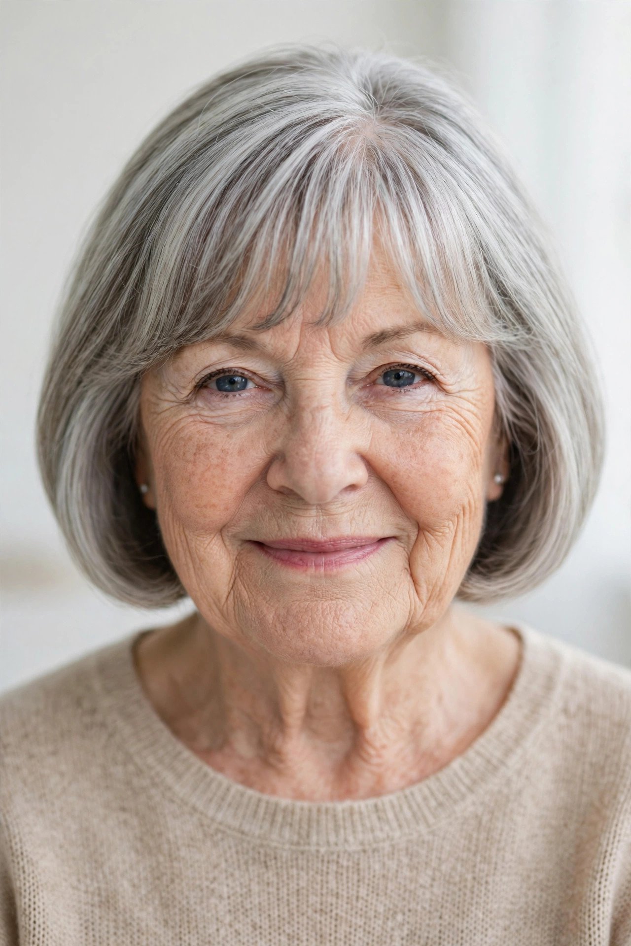 Bob with soft brow skimming fringe in silver grey