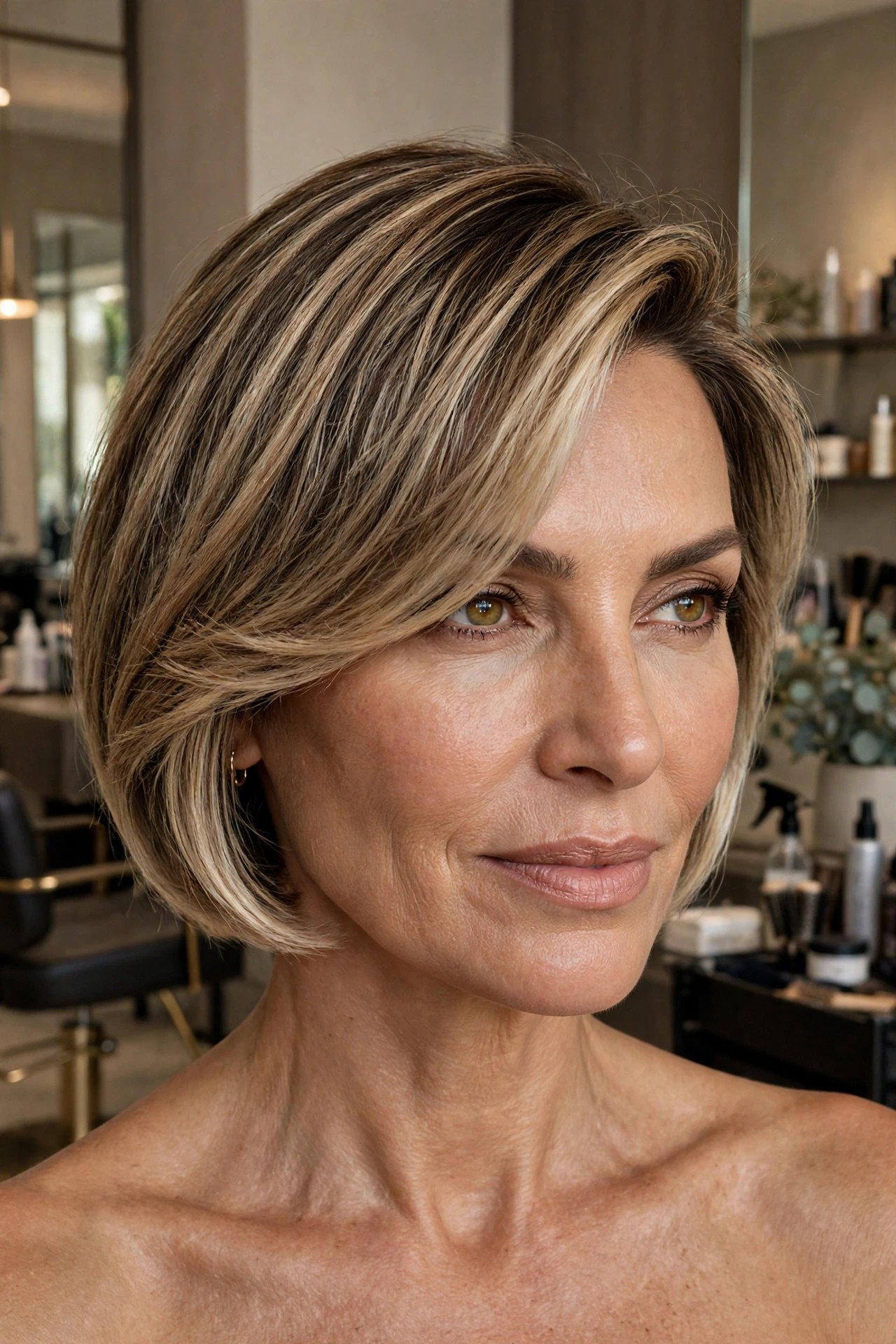 Bob with deep side part and sweeping bangs in dark blonde