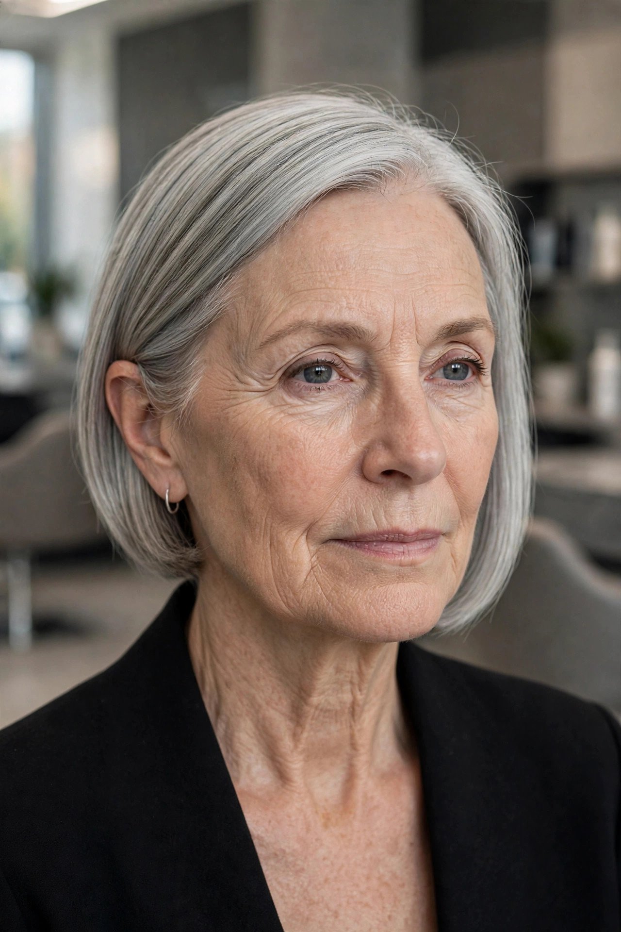 Silver grey sleek bob with tucked side