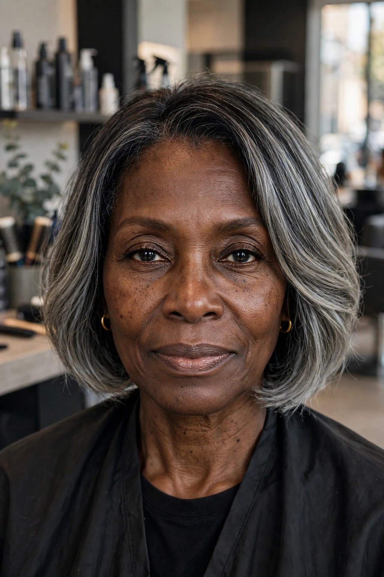 Grey balayage bob with dark roots fading to silver