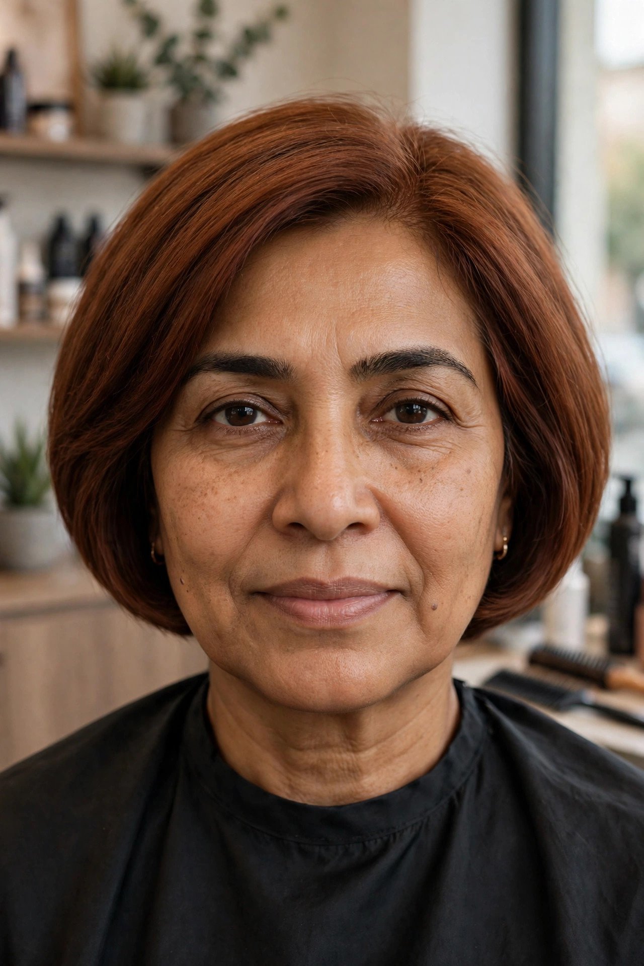 Short rounded bob with soft bowl shape in auburn
