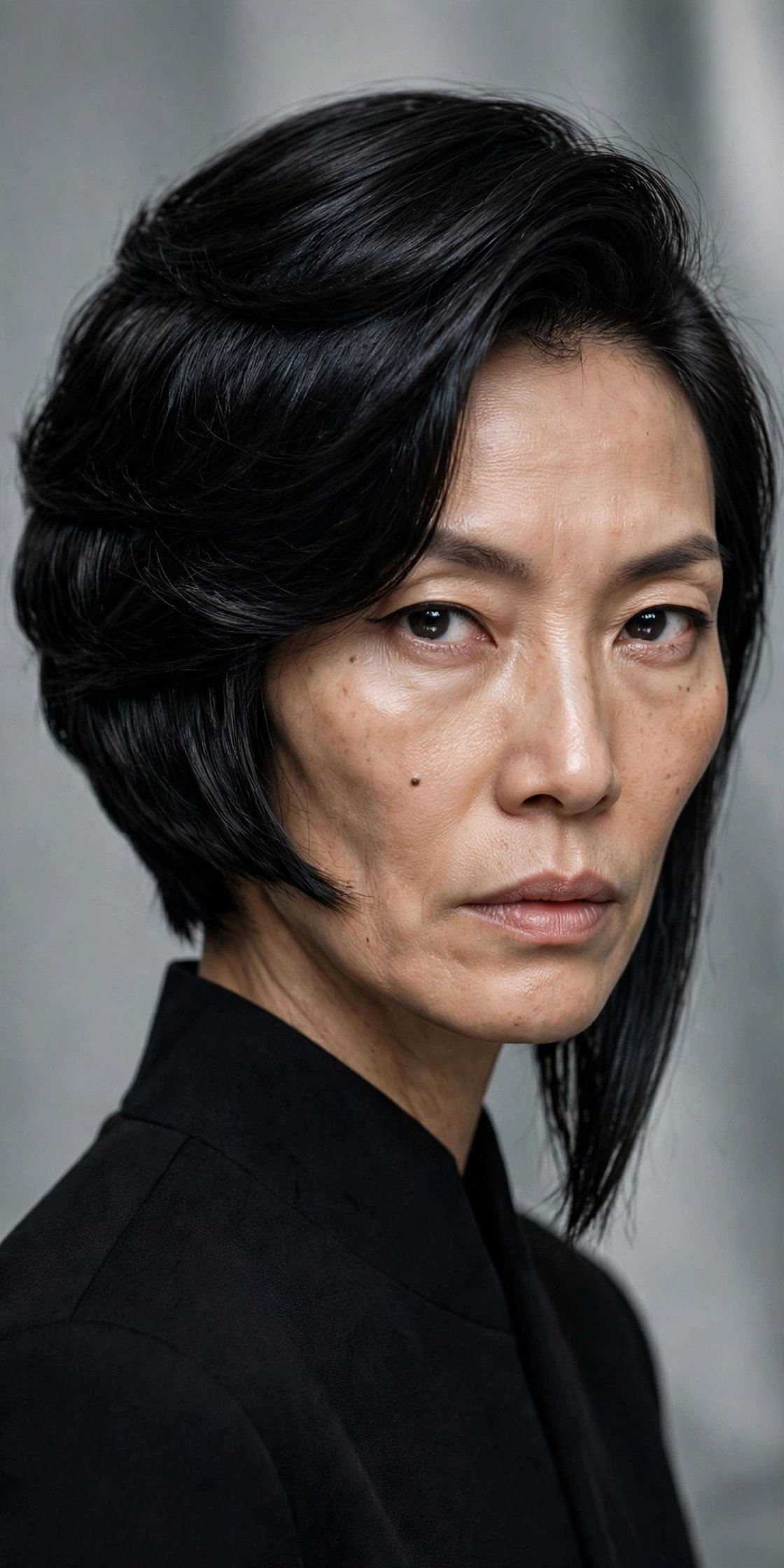Asymmetric stacked bob with one side longer in black
